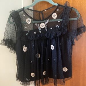 Black short sleeve blouse with sheer mesh detail